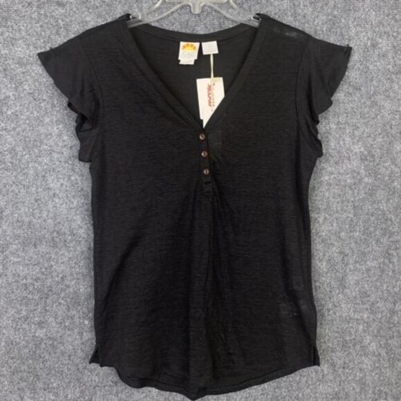 C&C California Top Women Small 100% Linen Burnout Ruffle Cap Sleeve Black NWT - Picture 1 of 8